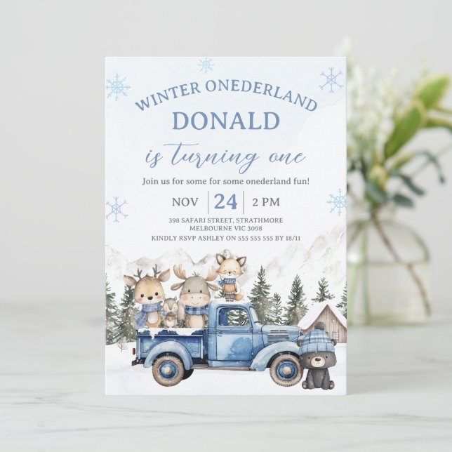 Convite Cute Blue Editiable Winter Onederland Birthday  (Em pé/Frente)