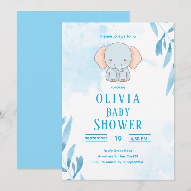 Convite Cute Blue Elephant Baby Shower (Frente/Verso)