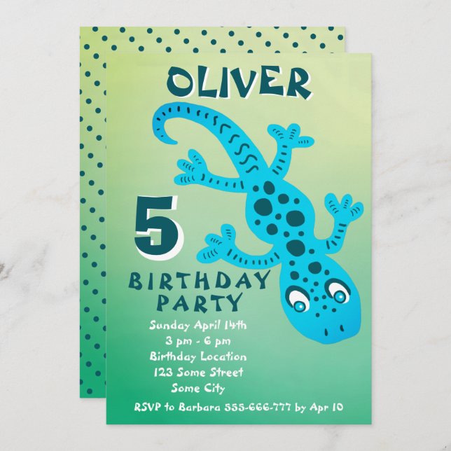 Convite Cute Blue Gecko Lizard Boy Birthday Party  (Frente/Verso)