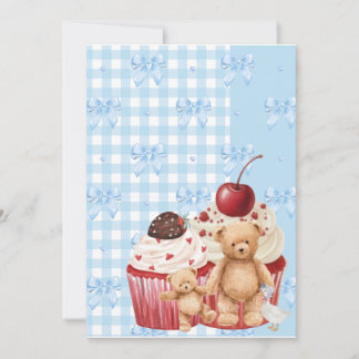 Convite Cute Blue Gingham Teddy Bear & Ribbon