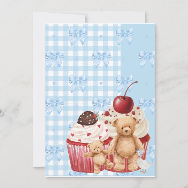 Convite Cute Blue Gingham Teddy Bear & Ribbon  (Frente)