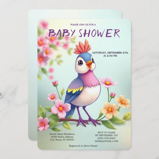 Convite Cute Blue Pink Bird Floral Baby Shower Invitation (Frente/Verso)