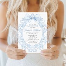 Cute Blue Toile Frame Bow Baby Boy Shower