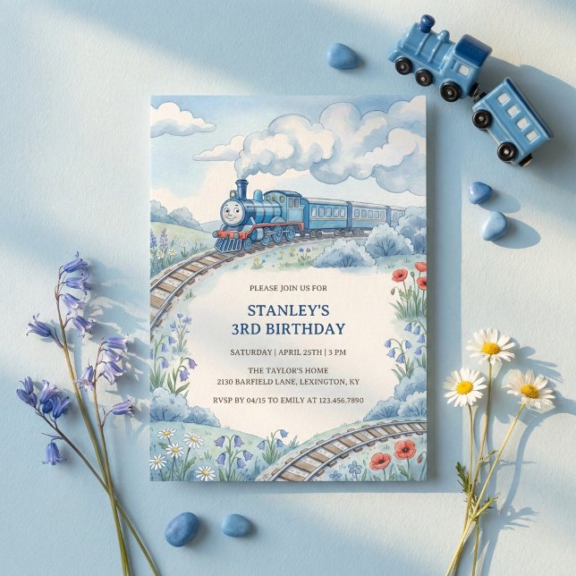 Convite Cute Blue Train Watercolor Boys Birthday Party (Blue Train Birthday Party Invitation for Boys)