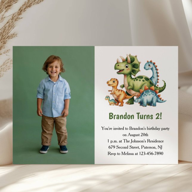 Convite Cute Boy Dinosaur Photo Kids 2nd Birthday Party (Criador carregado)