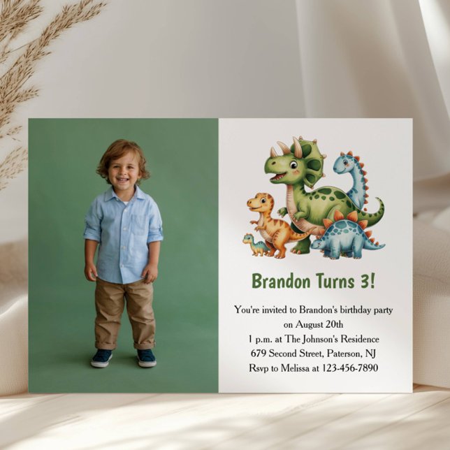 Convite Cute Boy Dinosaur Photo Kids 3rd Birthday Party (Criador carregado)