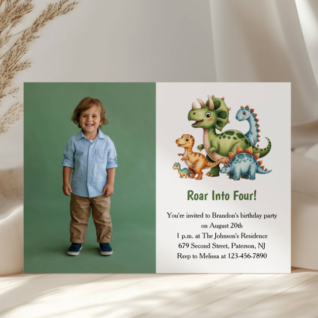 Convite Cute Boy Dinosaur Photo Kids 4th Birthday Party (Criador carregado)