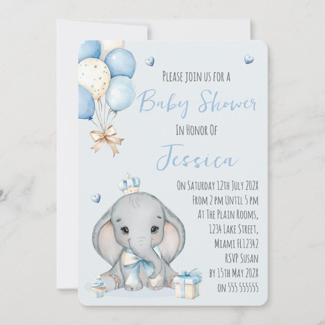 Convite Cute Boy Elephant Prince Baby Shower Invitation (Frente)