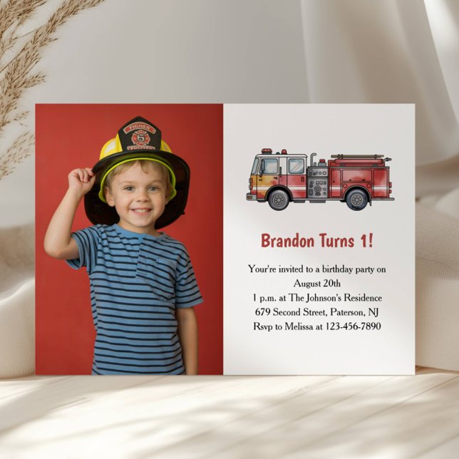Convite Cute Boy Firefighter Photo Kids 1st Birthday Party (Criador carregado)