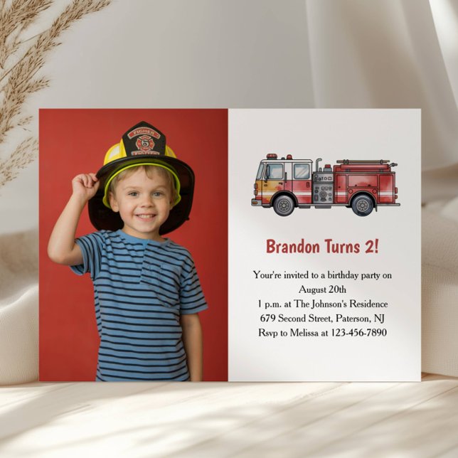 Convite Cute Boy Firefighter Photo Kids 2nd Birthday Party (Criador carregado)