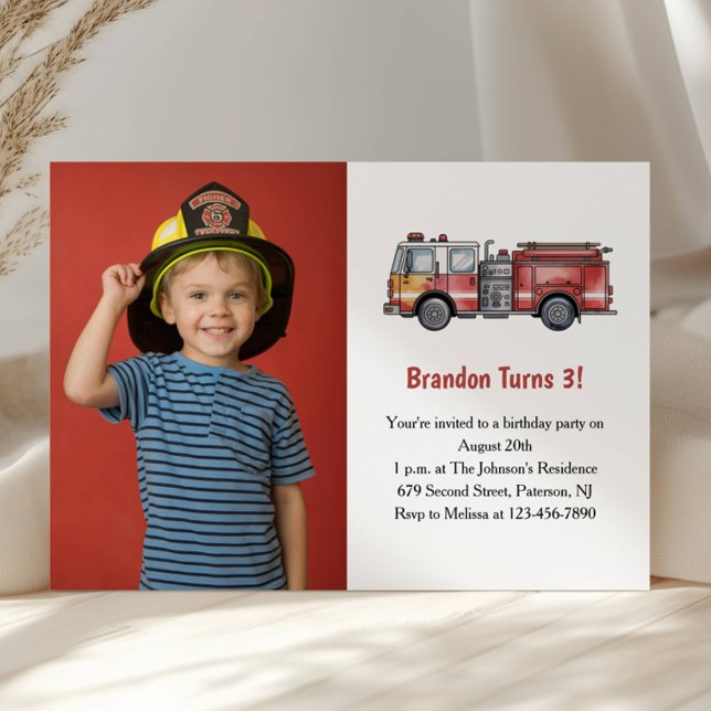 Convite Cute Boy Firefighter Photo Kids 3rd Birthday Party (Criador carregado)