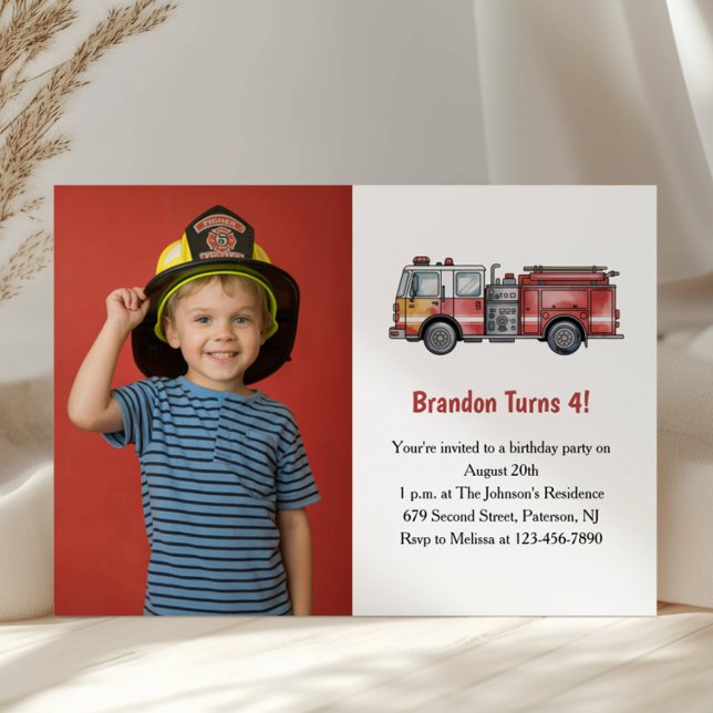 Convite Cute Boy Firefighter Photo Kids 4th Birthday Party (Criador carregado)