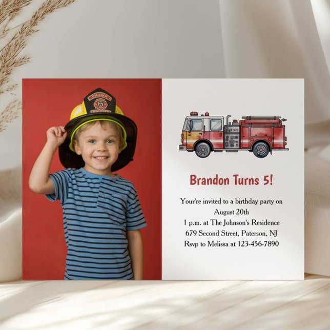 Convite Cute Boy Firefighter Photo Kids 5th Birthday Party (Criador carregado)