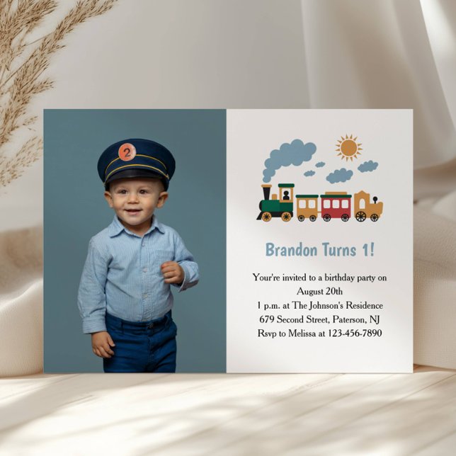 Convite Cute Boy Train Photo Kids 1st Birthday Party (Criador carregado)
