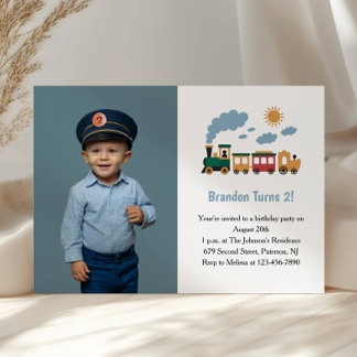 Convite Cute Boy Train Photo Kids 2nd Birthday Party