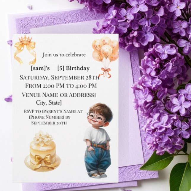 Convite Cute Boy with Glasses 5th Birthday Party Invitatio (Criador carregado)