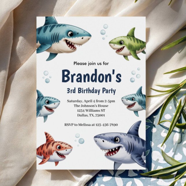 Convite Cute Boys Watercolor Shark 3rd Birthday Party (Criador carregado)