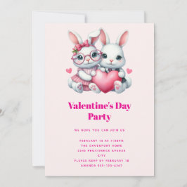 Convite Cute Bunnies Sharing a Heart Valentine's Party