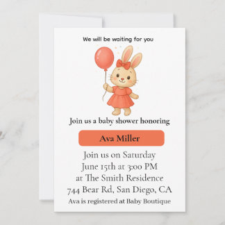 Convite Cute Bunny Baby Shower Invitation | Pink Floral De