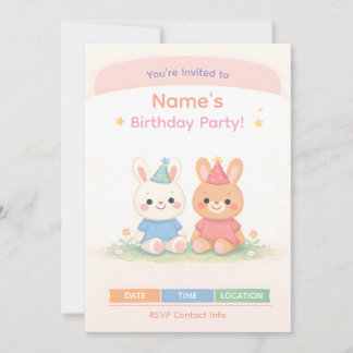 Convite Cute Bunny Birthday Invitation | Pastel Kids Birth