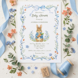 Convite Cute Bunny Boy Floral Blue Bow Baby Shower