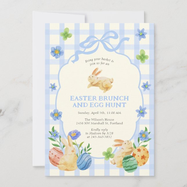 Convite Cute Bunny Easter Brunch & Egg Hunt Blue Checkered (Frente)