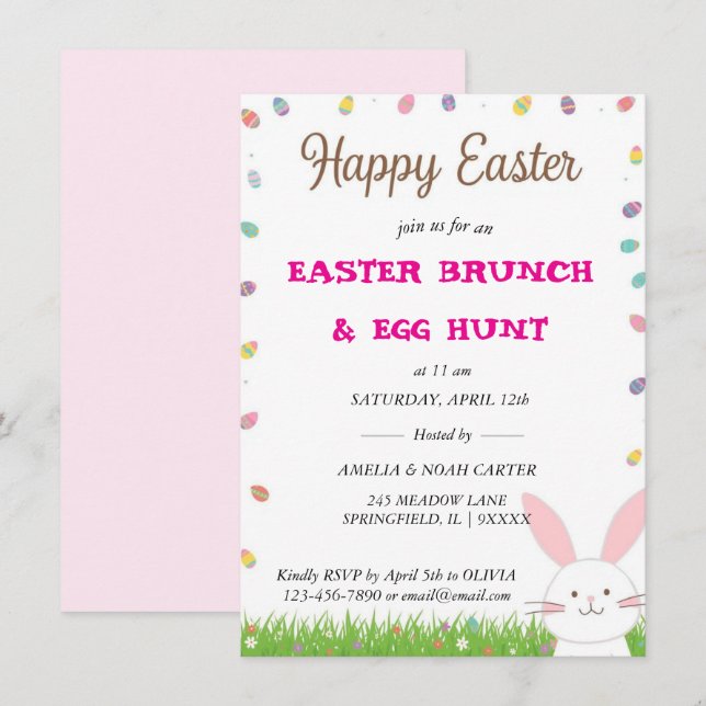 Convite Cute Bunny  Easter BRUNCH & HUNT (Frente/Verso)