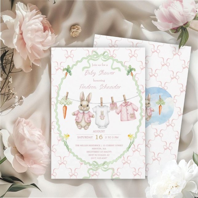 Convite Cute Bunny Girl Clothesline Baby Shower  (Criador carregado)