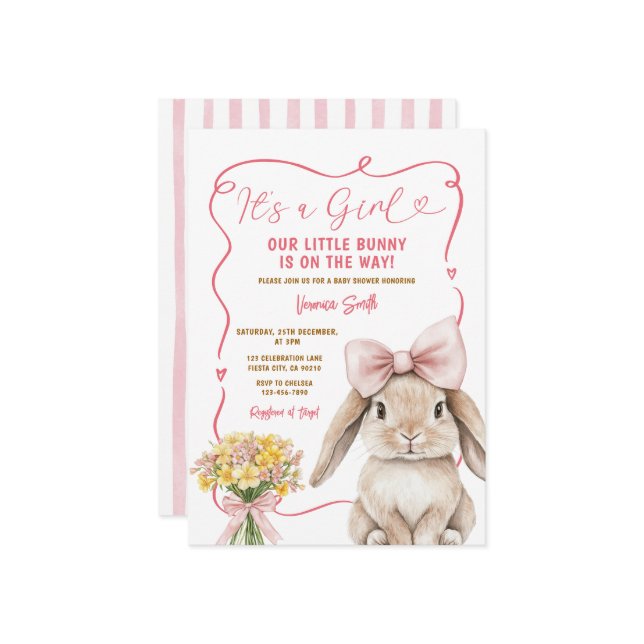 Convite Cute Bunny pink bow coquette baby shower floral (Frente/Verso In Situ)