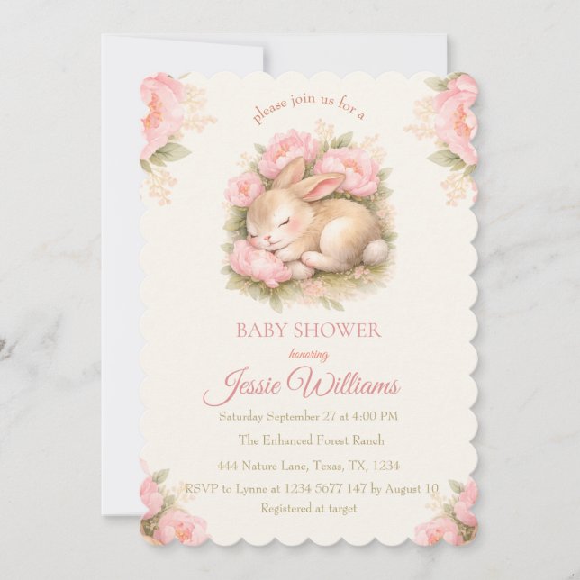 Convite Cute Bunny Rabbit Pink Blush Baby Shower (Frente)