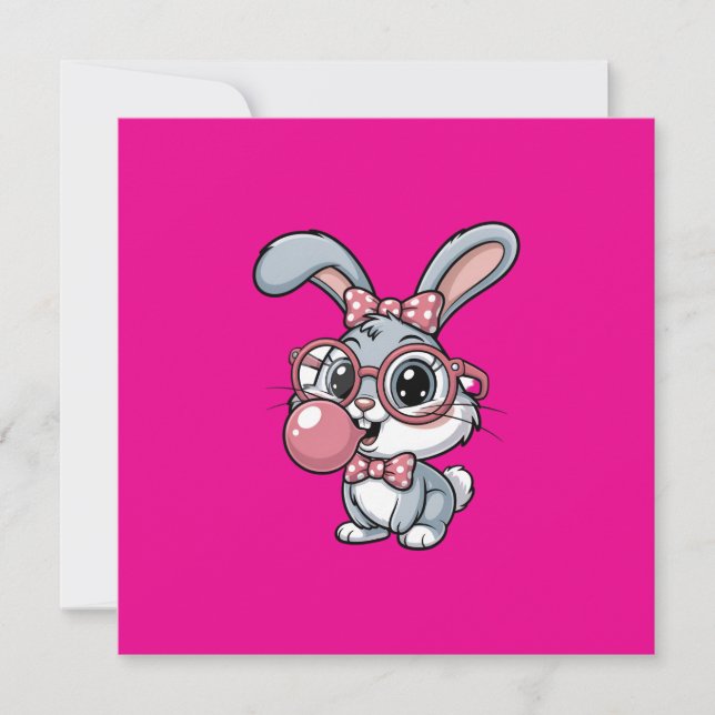 Convite Cute Bunny with Glasses Blowing Bubble Gum (Frente)