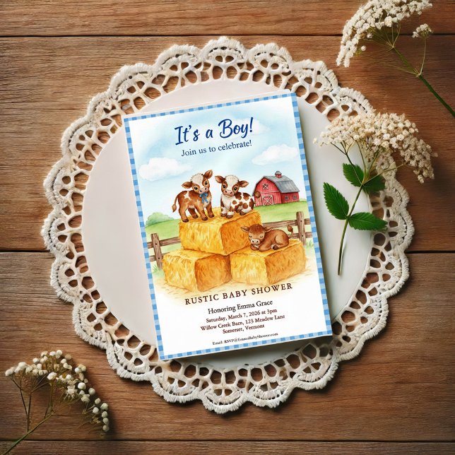 Convite Cute Calf Baby Shower Gingham Hay Invitation (Criador carregado)