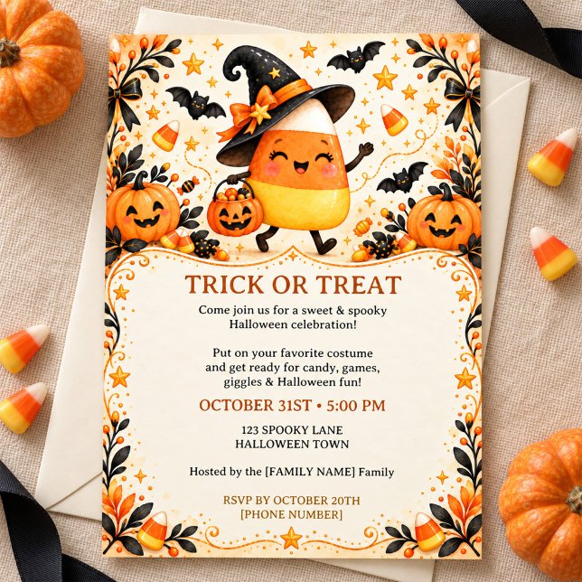 Convite Cute Candy Corn Witch Halloween Party Invitation (Criador carregado)