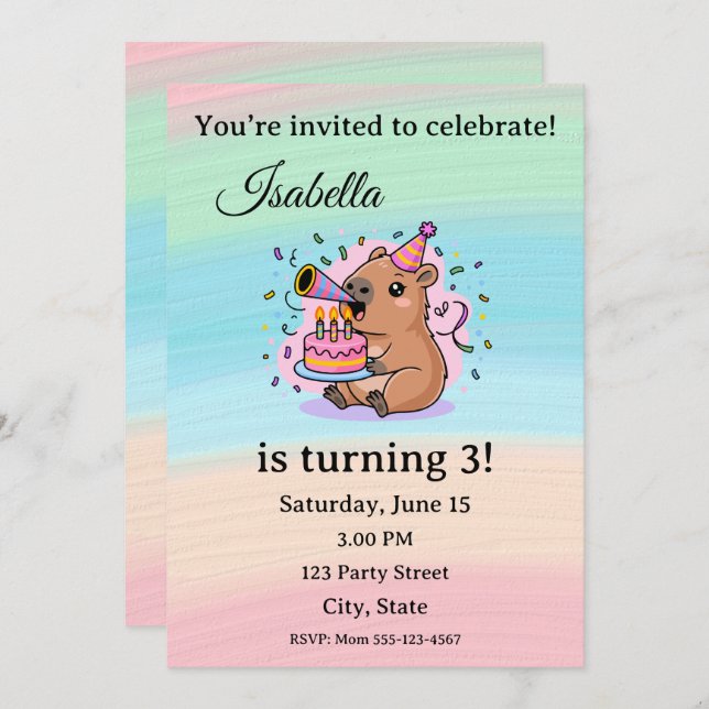 Convite Cute Capybara Birthday Invitation Editable  (Frente/Verso)