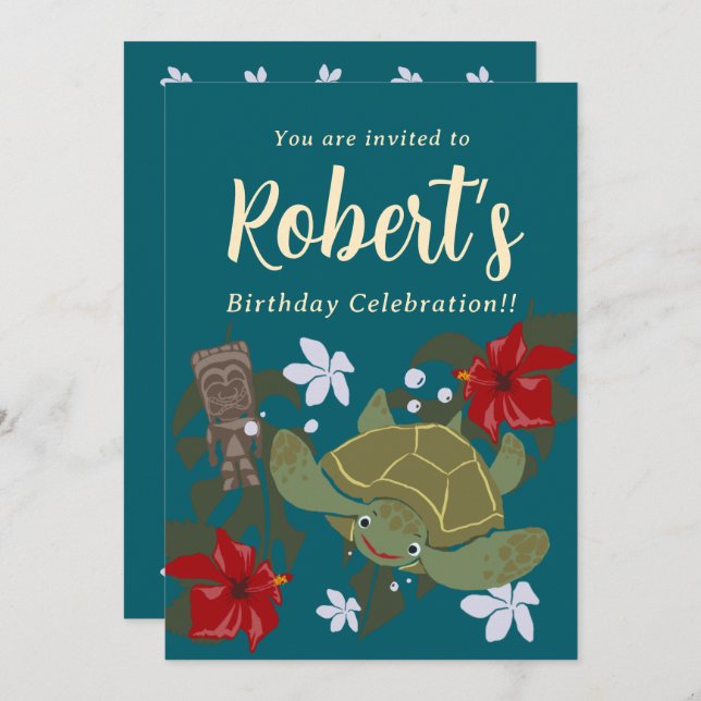 Convite Cute Cartoon Hawaii Sea Turtle Birthday Invitation (Frente/Verso)