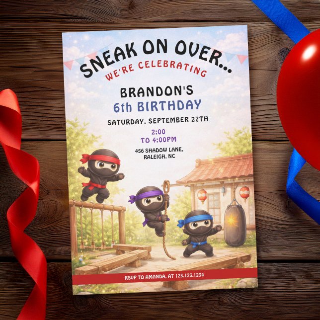Convite Cute Cartoon Three Training Ninjas Kids Birthday (Criador carregado)