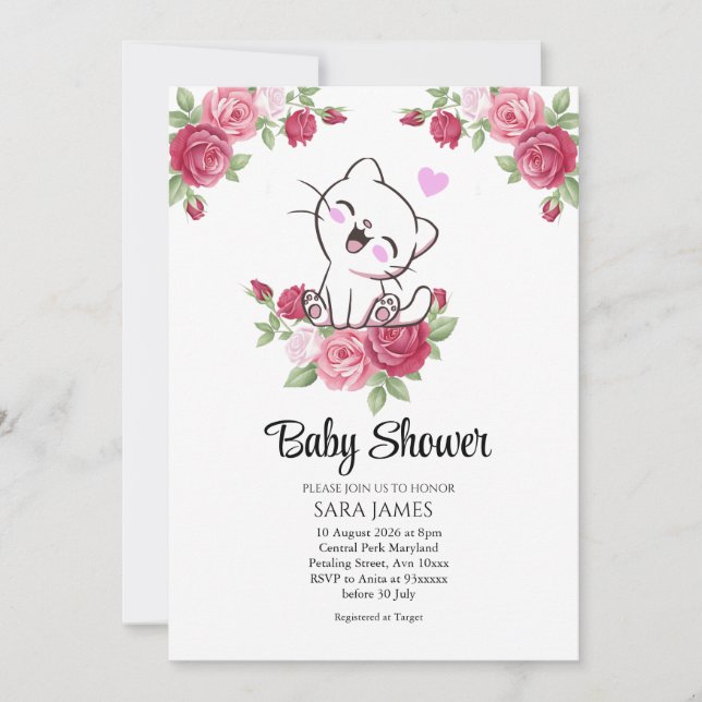 Convite Cute Cat Floral Baby Shower Invitation (Frente)