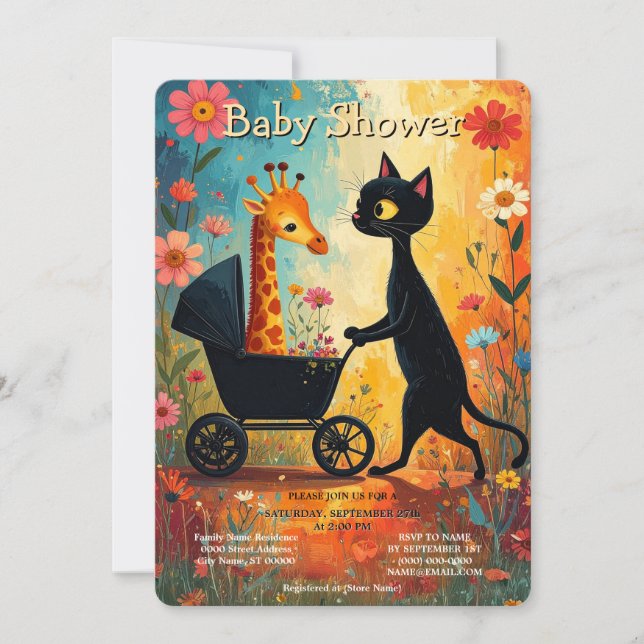 Convite Cute Cat Giraffe Baby Shower Invitation (Frente)