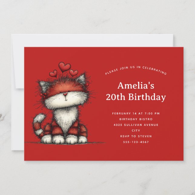 Convite Cute Cat with Red Love Hearts Birthday (Frente)