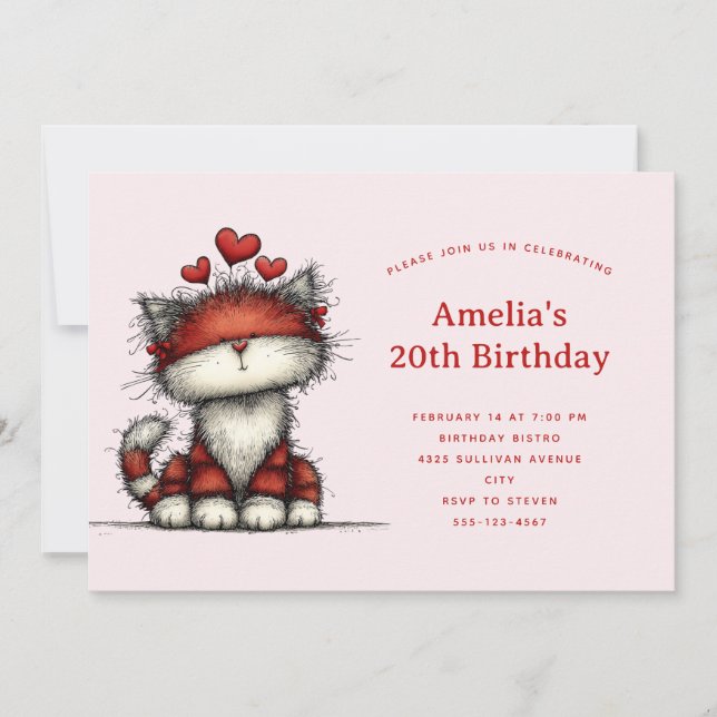 Convite Cute Cat with Red Love Hearts Birthday (Frente)