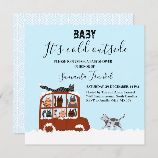 Convite Cute Cats in car Winter Cold Baby Shower  (Frente/Verso)