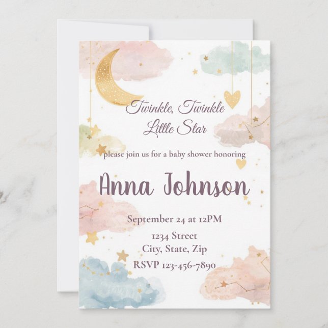 Convite Cute Celestial Baby Shower Invitation | Watercolor (Frente)