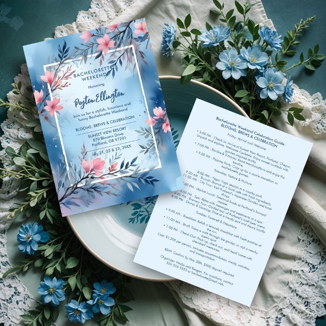 Convite Cute Cherish Blue & Pink Shades Blooms & Branches  (Cute Cherish Blue & Pink Shades Blooms & Branches Bachelorette Weekend Invitations Cards. )