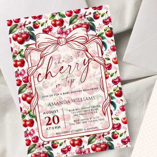 Convite Cute Cherry Bow Themed Baby Shower Invitation (Criador carregado)
