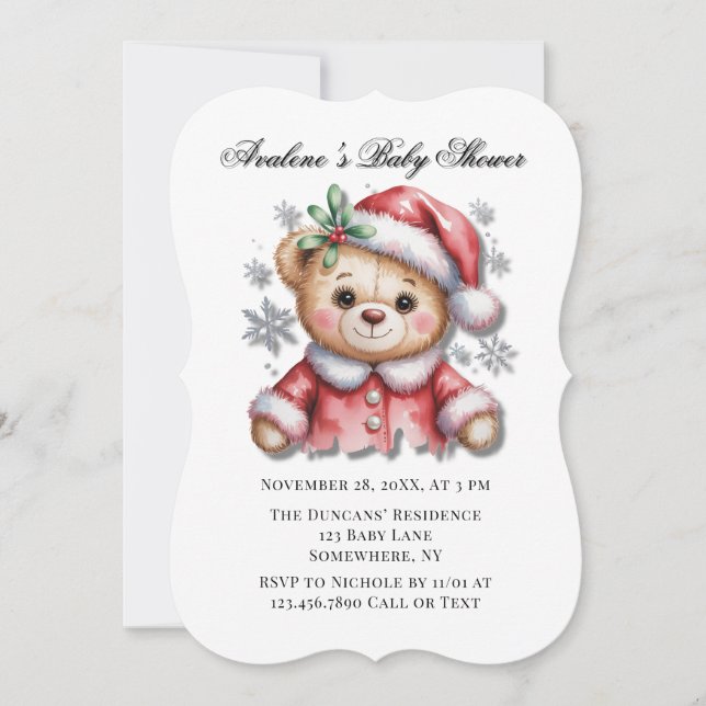 Convite Cute Christmas Bear and Snowflakes Baby Shower (Frente)