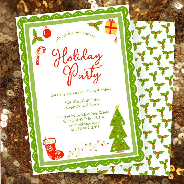 Convite Cute Christmas Icons Scallop CUSTOM Holiday Party (Cute Christmas Icons Scalloped Edges Whimsical  CUSTOM Holiday Party Invitation
)