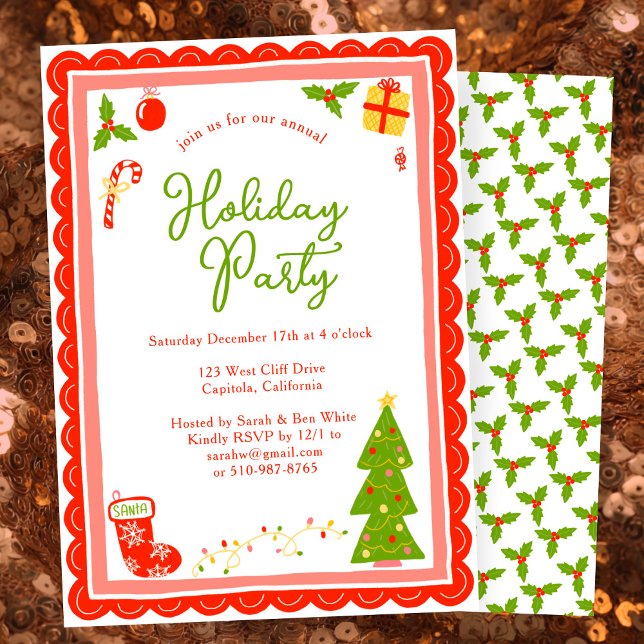 Convite Cute Christmas Icons Scallop CUSTOM Holiday Party (Cute Christmas Icons Scalloped Edges Whimsical CUSTOM Holiday Party Invitation
)