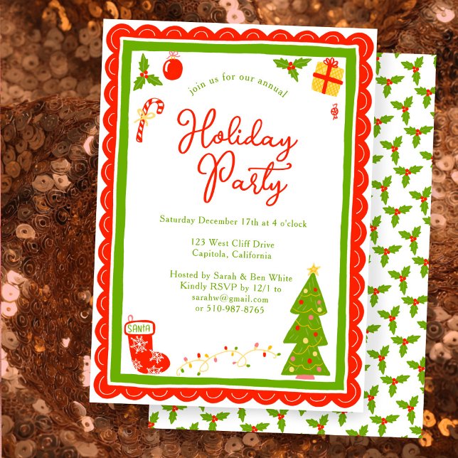 Convite Cute Christmas Icons Scallop CUSTOM Holiday Party (Cute Christmas Icons Scalloped Edge CUSTOM Holiday Party Invitation
)