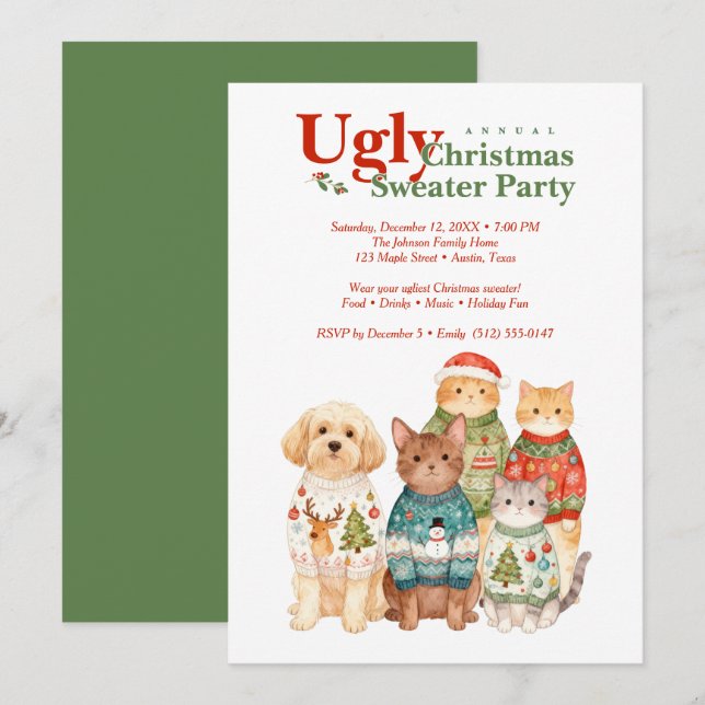 Convite Cute Christmas Pets Sweater Party Green TMF26 (Frente/Verso)