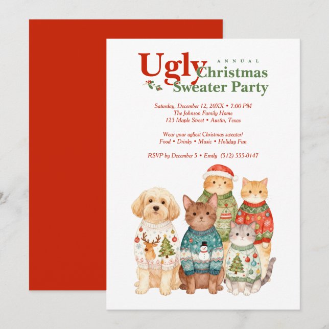 Convite Cute Christmas Pets Sweater Party Red TMF26 (Frente/Verso)